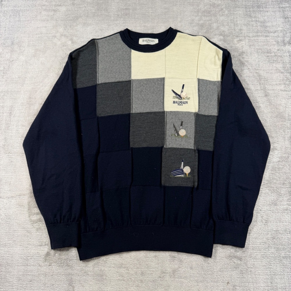 Vintage Balmain Paris Sweater Mens Large Blue Wool Golf Patchwork Embroidered